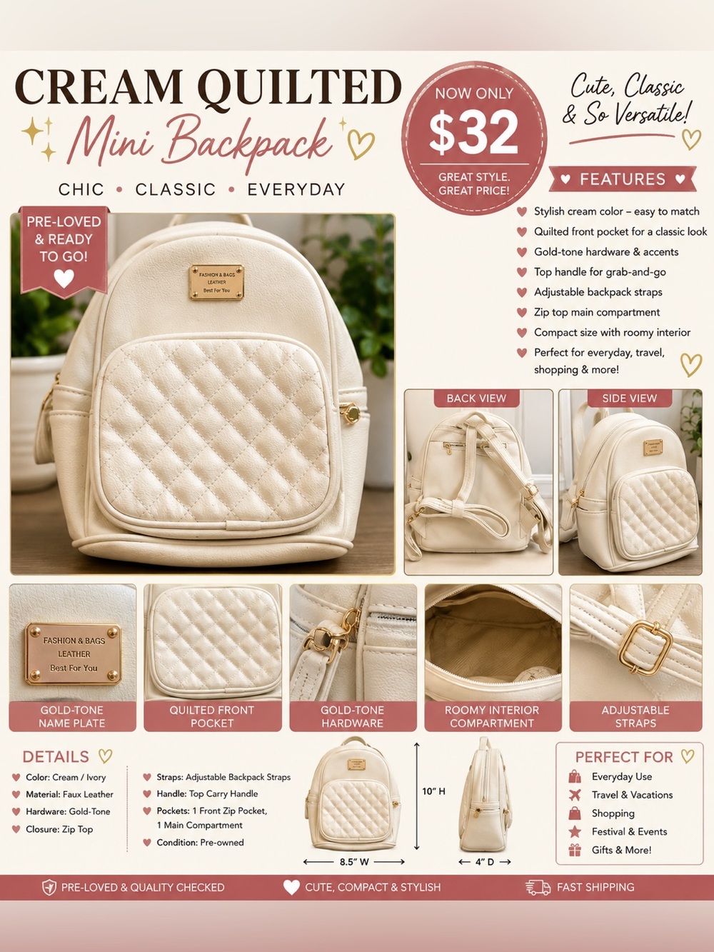 Cream Quilted Mini Backpack Gold-Tone Hardware Adjustable Straps